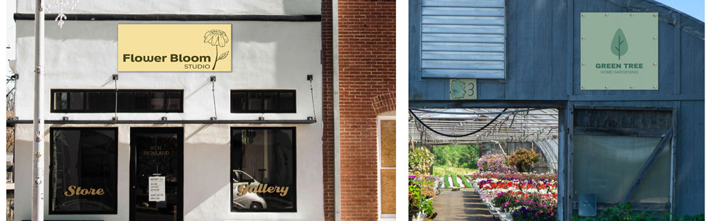 Flower Studio metal sign on a studio and Green Tree Home Gardening coroplast sign on a greenhouse